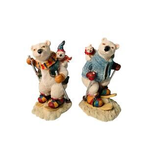 2 Vintage Polar Bears Skiing Cubs Christmas Resin Figure Winter Lodge Decor 9” H